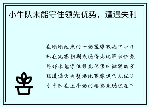 小牛队未能守住领先优势，遭遇失利